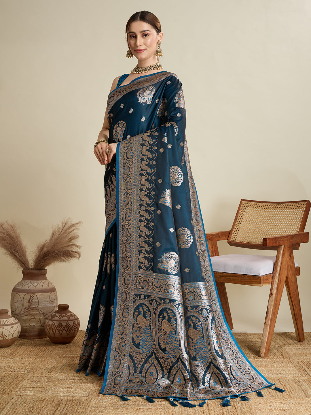 Elegant Navy Blue Peacock Printed Designer Saree for Women