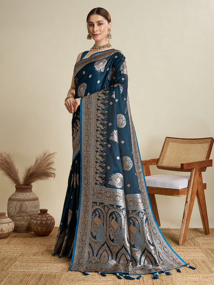 Elegant Navy Blue Peacock Printed Designer Saree for Women