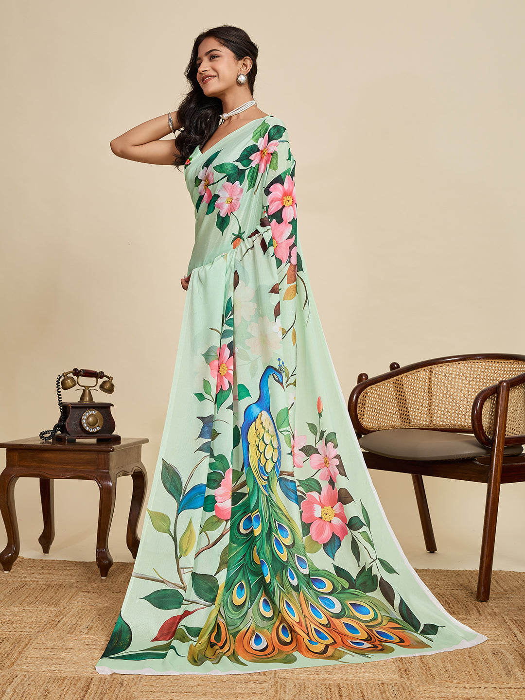 Elegant Mint Green Peacock Floral Printed Designer Saree