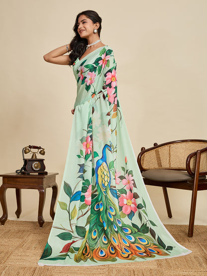 Elegant Mint Green Peacock Floral Printed Designer Saree