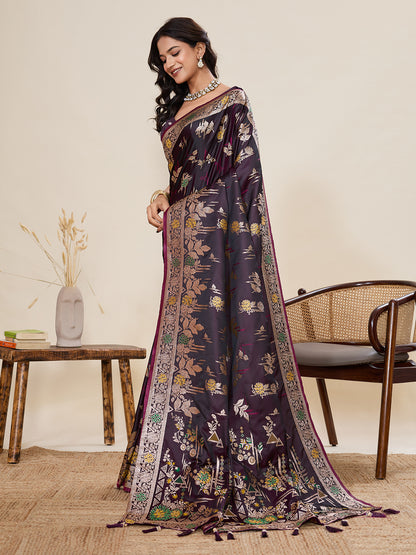 Elegant Purple Floral Printed Saree With Designer Border