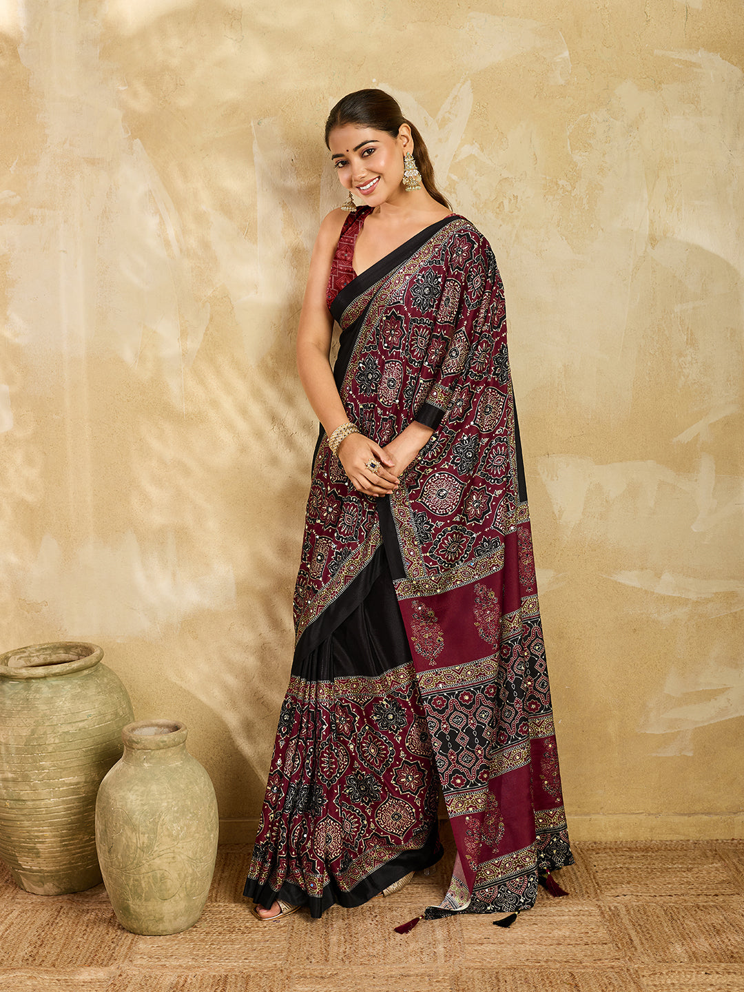 Elegant Black Maroon Printed Saree With Traditional Border