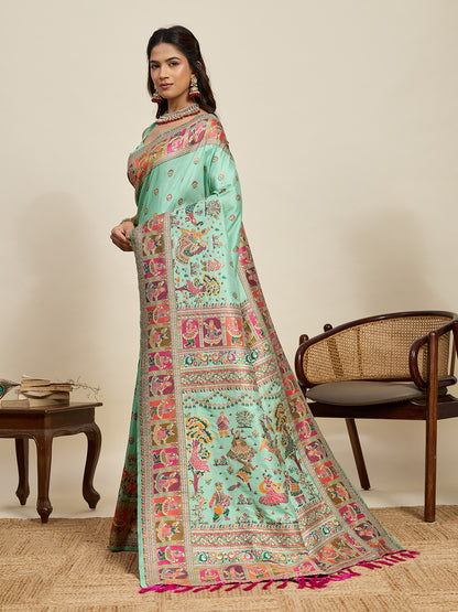Mint Green Traditional Printed Saree With Ethnic Motifs