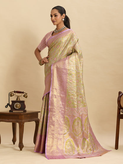Pastel Green Pink Woven Designer Saree With Elegant Border