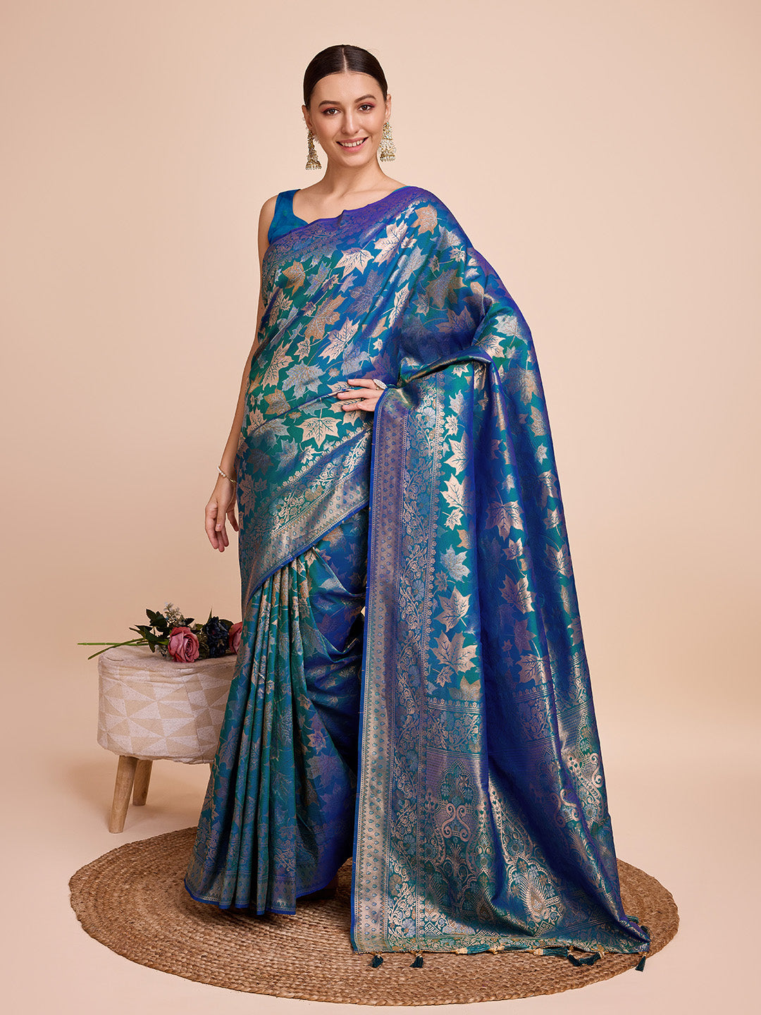 Blue Floral Woven Designer Saree With Traditional Border