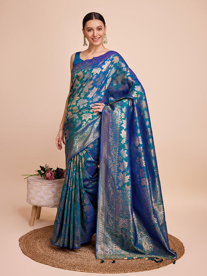 Blue Floral Woven Designer Saree With Traditional Border