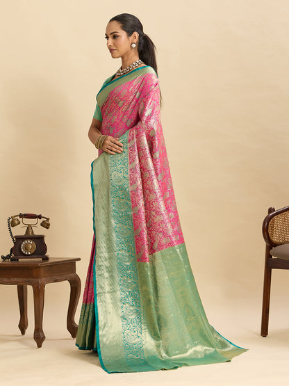 Elegant Green Peach Designer Saree With Traditional Zari Work
