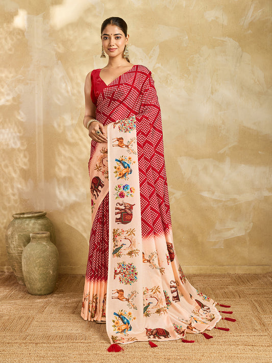 Elegant Red Bandhani Printed Saree With Artistic Pallu Design
