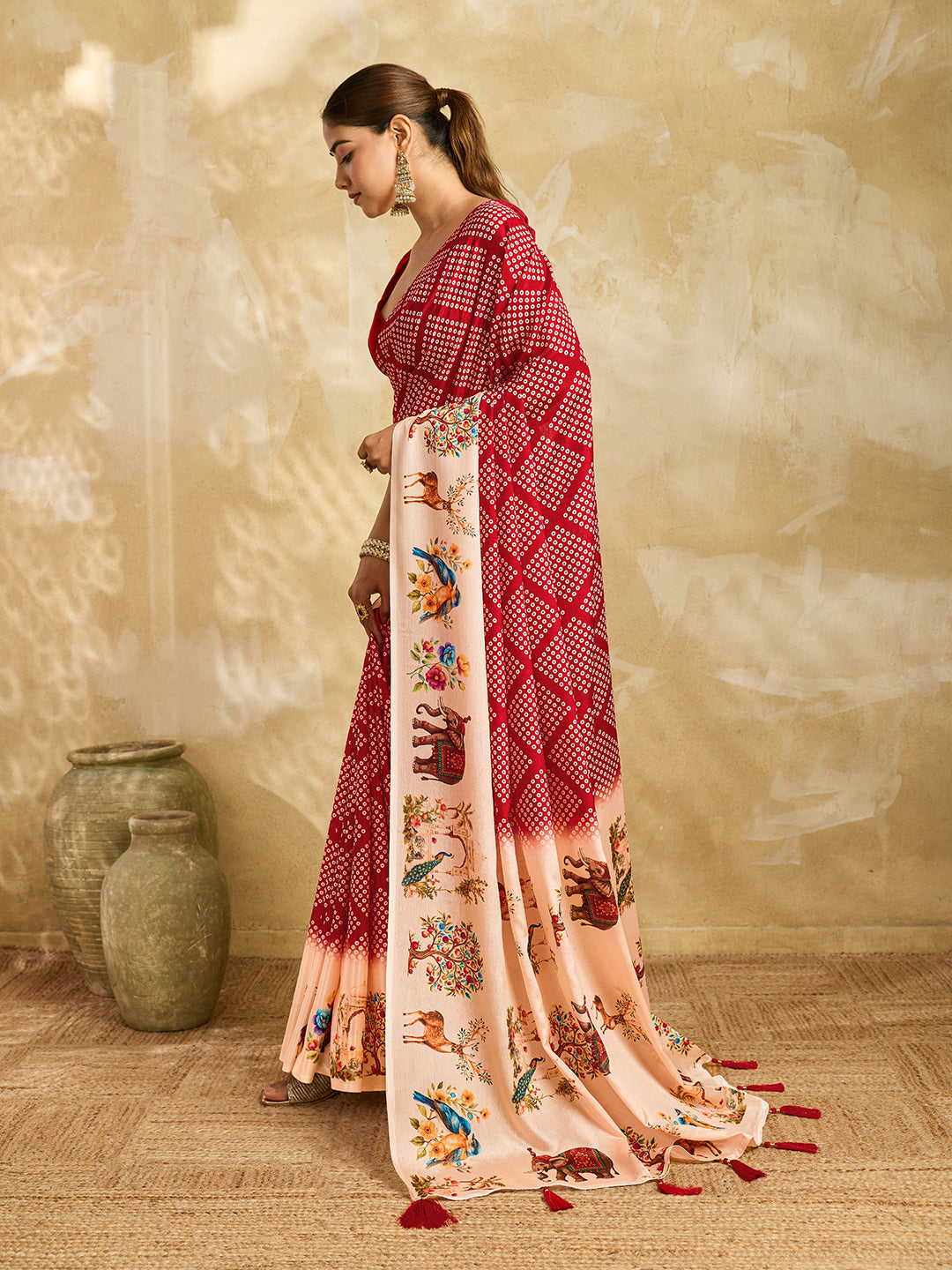 Elegant Red Bandhani Printed Saree With Artistic Pallu Design
