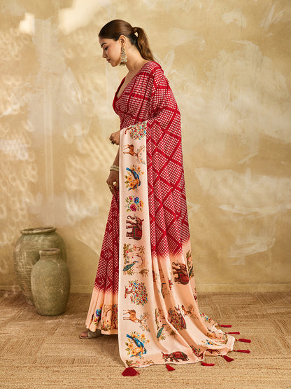Elegant Red Bandhani Printed Saree With Artistic Pallu Design