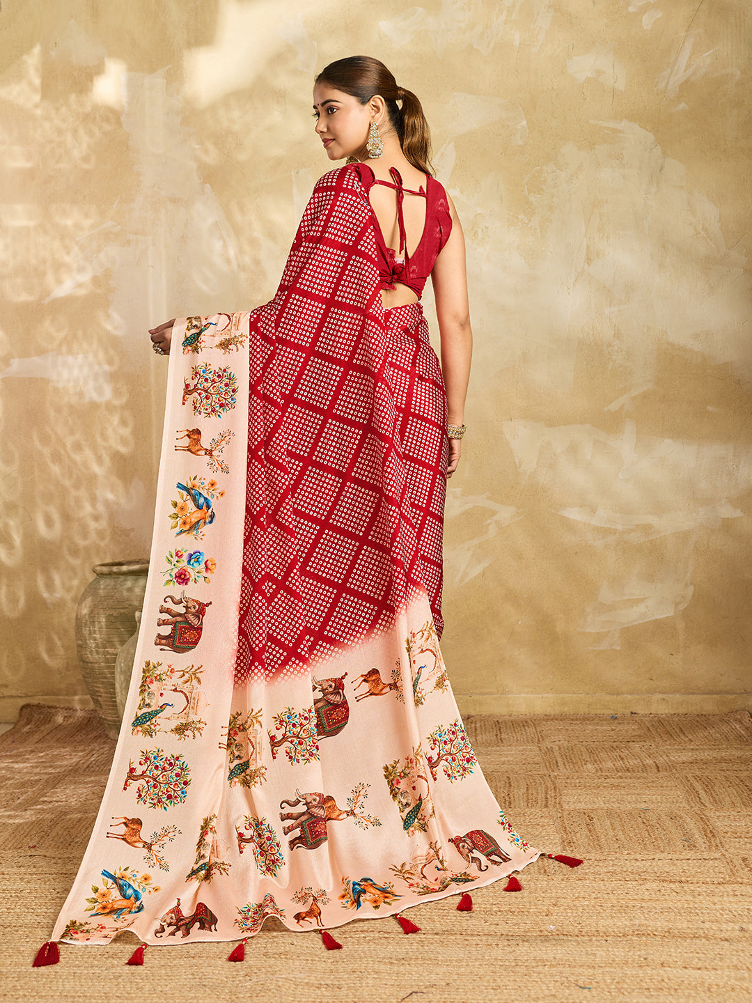 Elegant Red Bandhani Printed Saree With Artistic Pallu Design