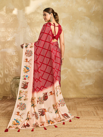 Elegant Red Bandhani Printed Saree With Artistic Pallu Design