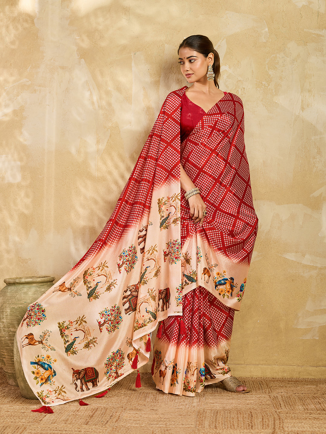 Elegant Red Bandhani Printed Saree With Artistic Pallu Design