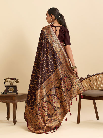 Elegant Wine Brown Saree with Rich Traditional Golden Border