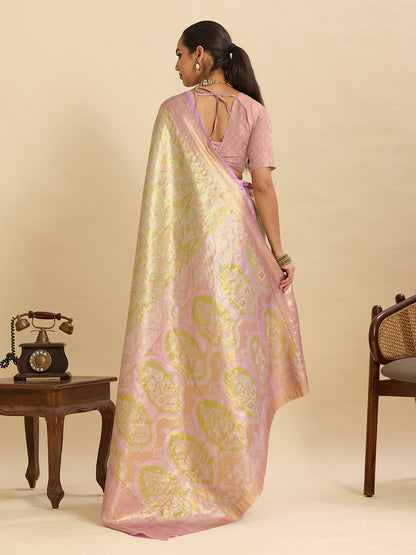 Pastel Green Pink Woven Designer Saree With Elegant Border
