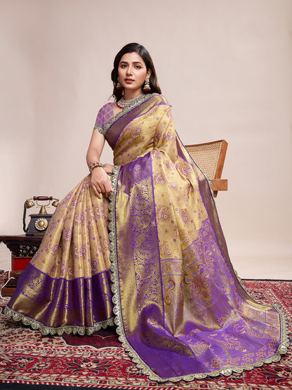 Elegant Purple Gold Designer Saree With Intricate Traditional Motifs