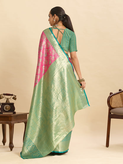 Elegant Green Peach Designer Saree With Traditional Zari Work
