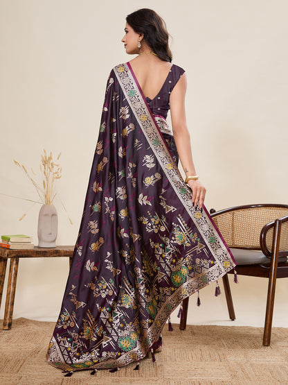 Elegant Purple Floral Printed Saree With Designer Border