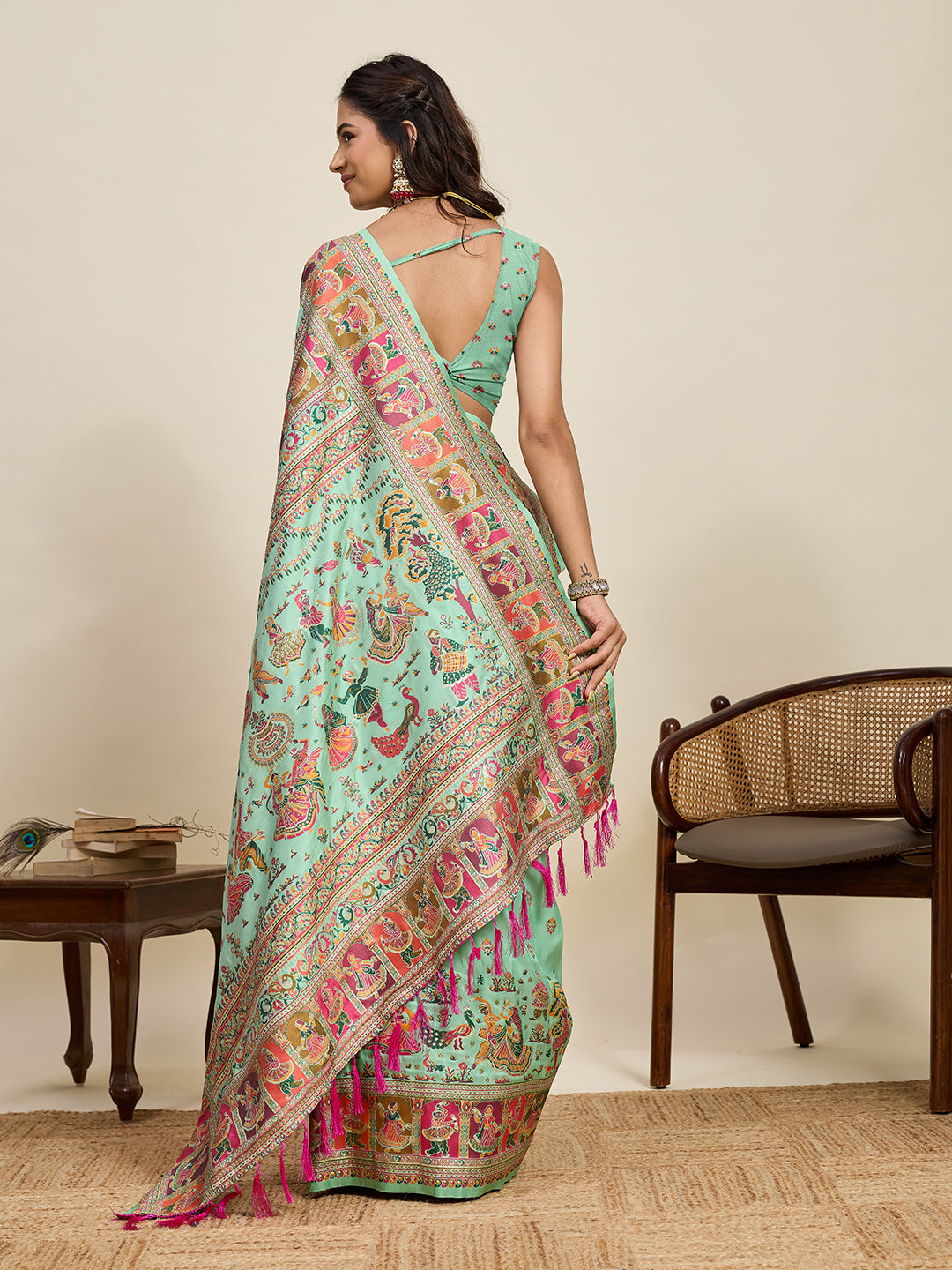 Mint Green Traditional Printed Saree With Ethnic Motifs