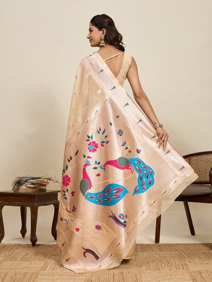 Elegant Peach Designer Saree With Peacock Print And Border