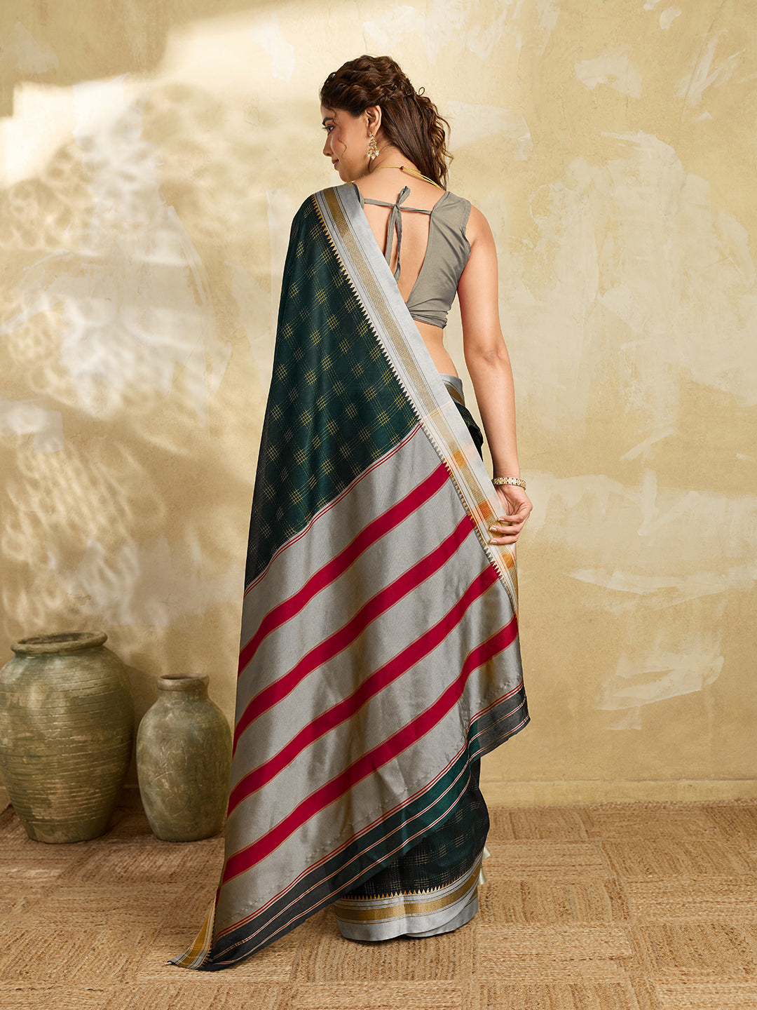 Dark Green Checked Designer Saree With Elegant Contrast Border