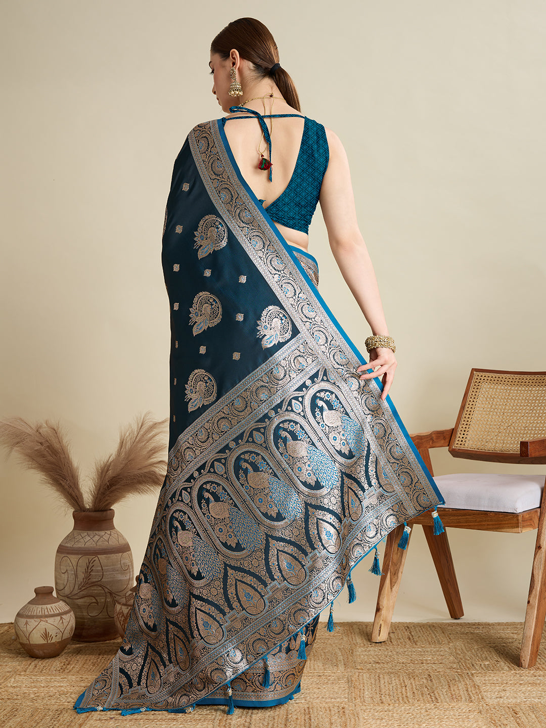 Elegant Navy Blue Peacock Printed Designer Saree for Women