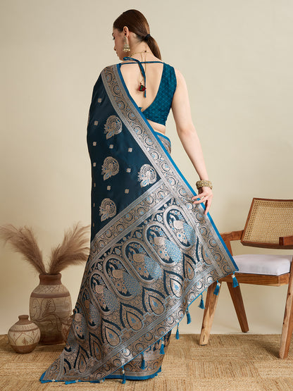 Elegant Navy Blue Peacock Printed Designer Saree for Women