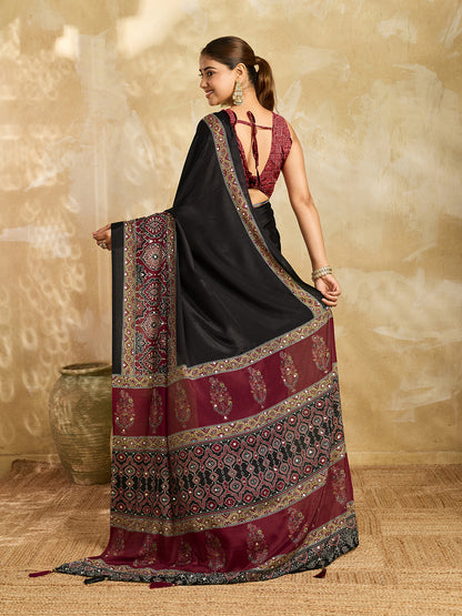 Elegant Black Maroon Printed Saree With Traditional Border