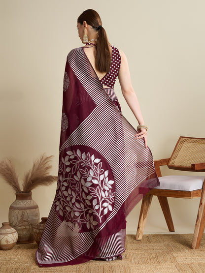 Elegant Maroon Saree With Floral Prints And Striped Border