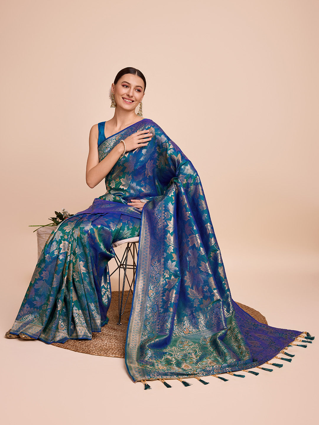 Blue Floral Woven Designer Saree With Traditional Border