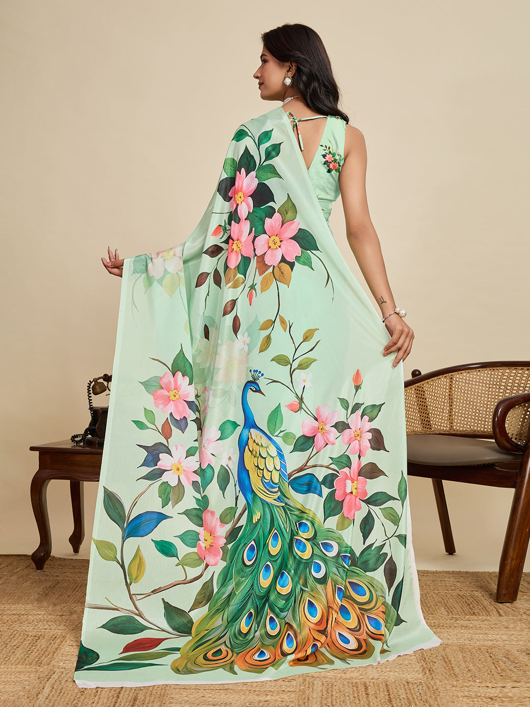 Elegant Mint Green Peacock Floral Printed Designer Saree