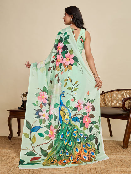 Elegant Mint Green Peacock Floral Printed Designer Saree
