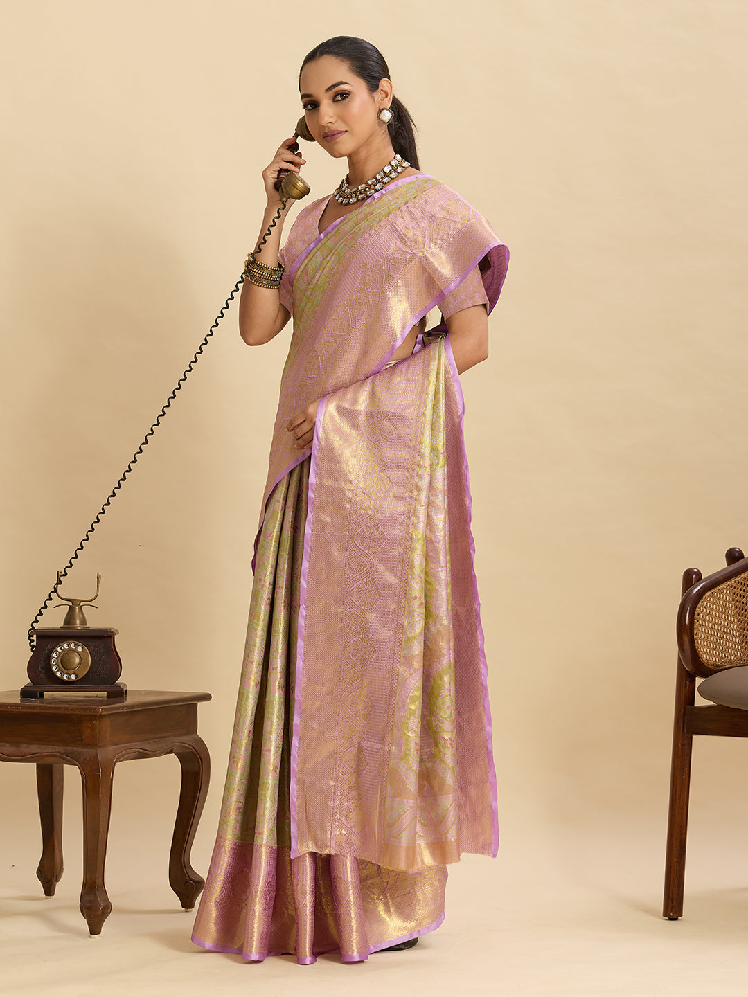 Pastel Green Pink Woven Designer Saree With Elegant Border