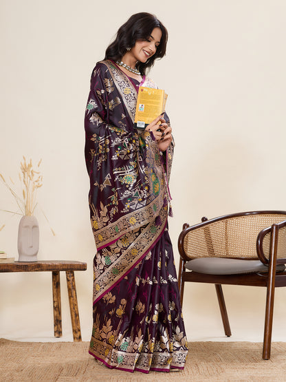 Elegant Purple Floral Printed Saree With Designer Border