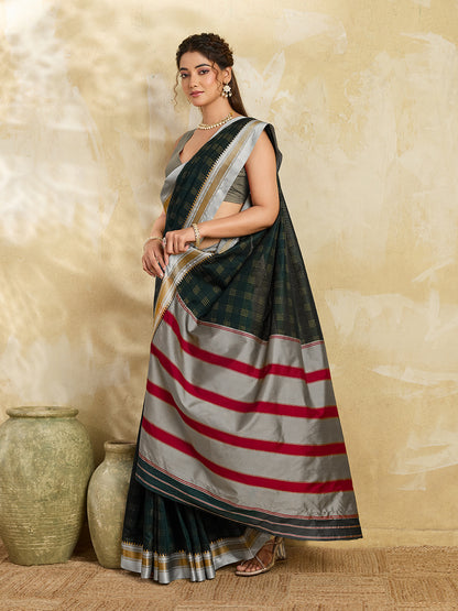 Dark Green Checked Designer Saree With Elegant Contrast Border