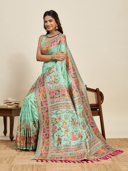 Mint Green Traditional Printed Saree With Ethnic Motifs