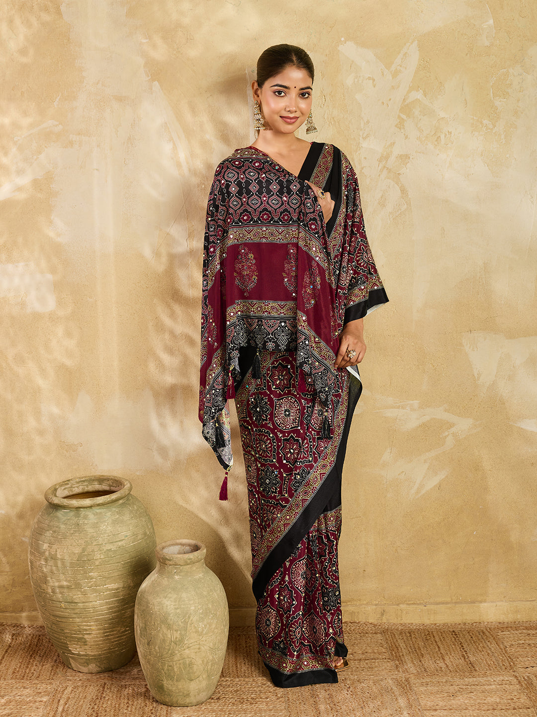 Elegant Black Maroon Printed Saree With Traditional Border