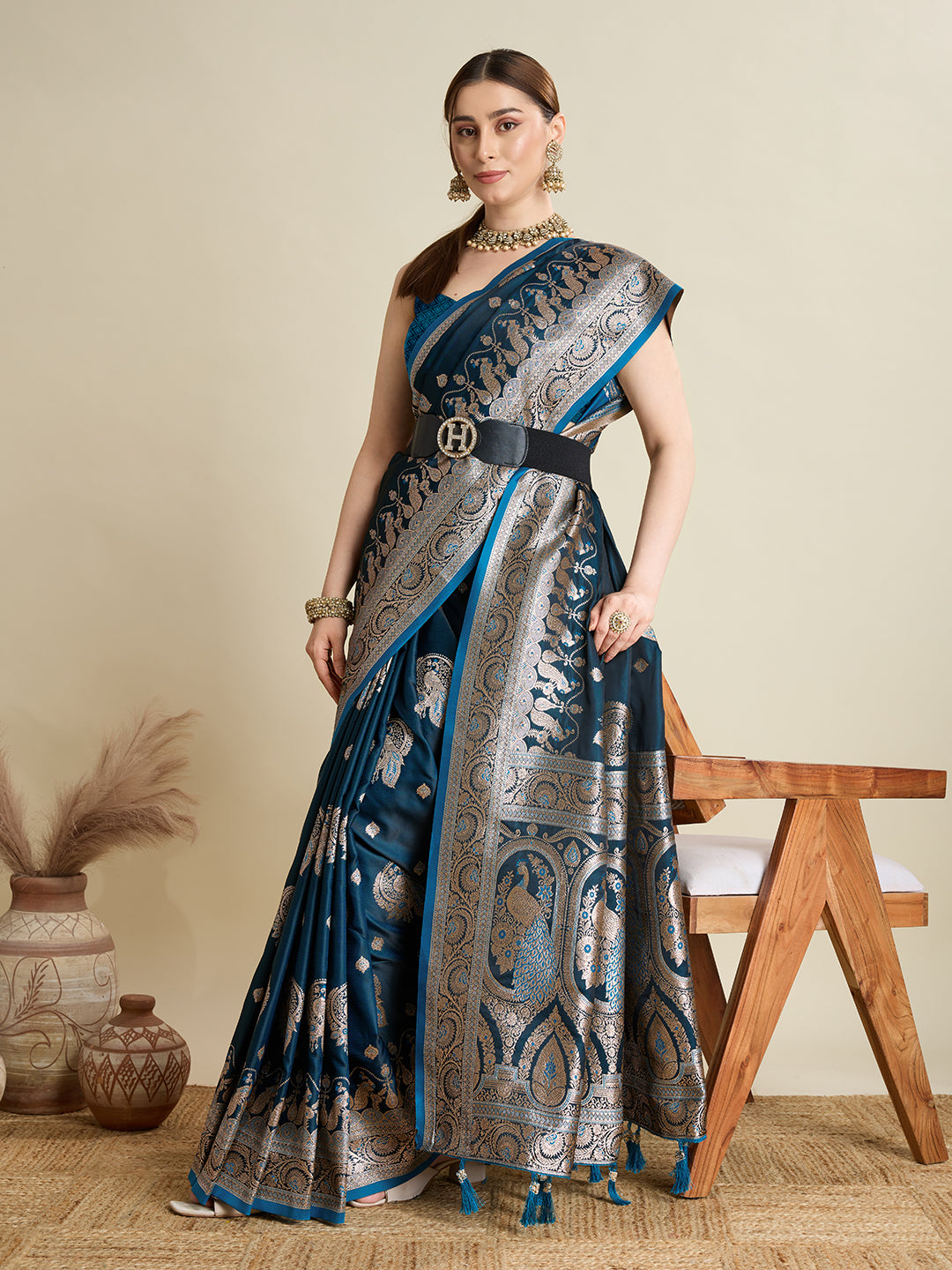 Elegant Navy Blue Peacock Printed Designer Saree for Women