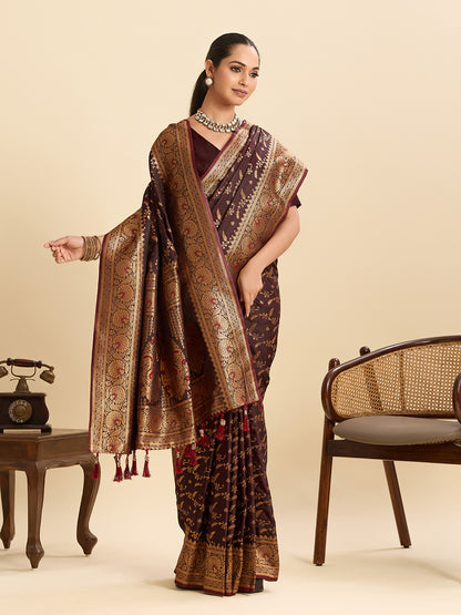 Elegant Wine Brown Saree with Rich Traditional Golden Border