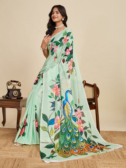 Elegant Mint Green Peacock Floral Printed Designer Saree