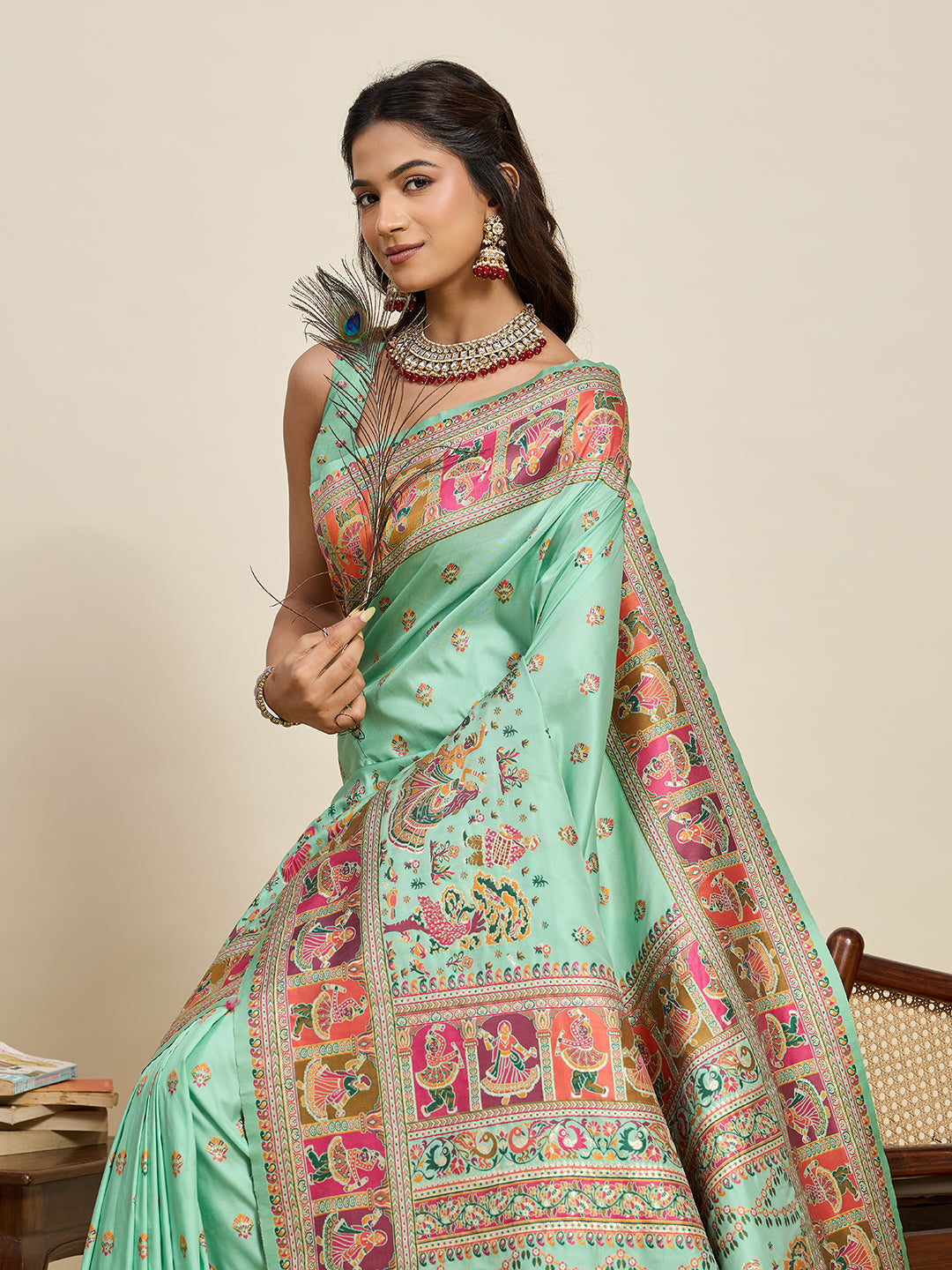 Mint Green Traditional Printed Saree With Ethnic Motifs