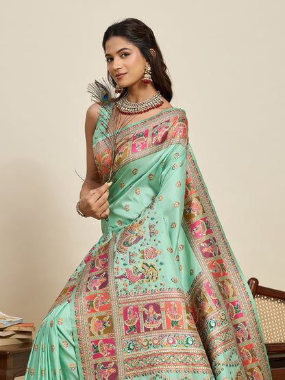 Mint Green Traditional Printed Saree With Ethnic Motifs