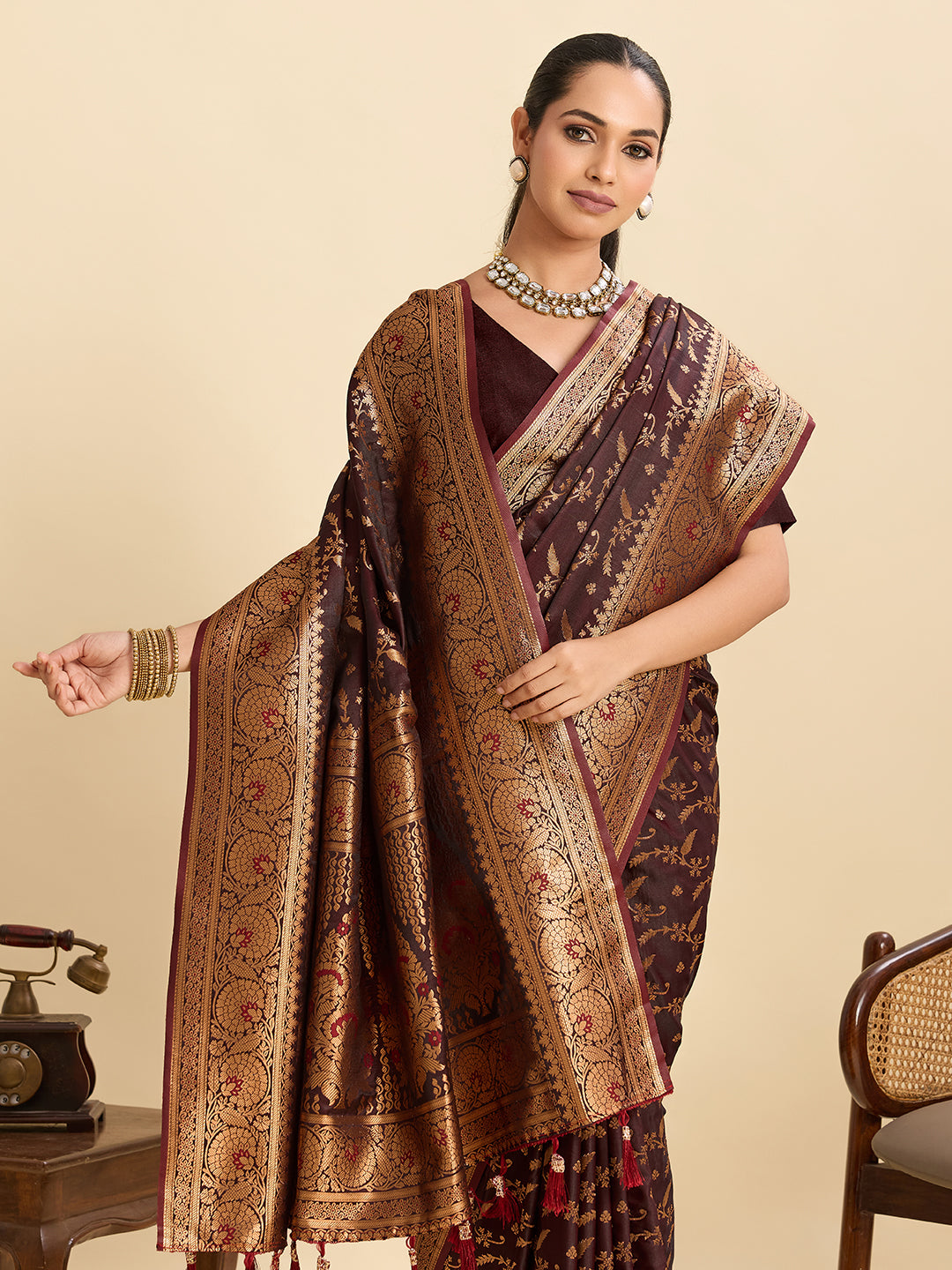 Elegant Wine Brown Saree with Rich Traditional Golden Border