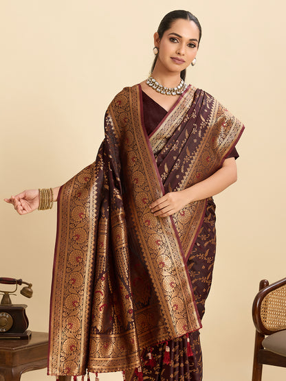 Elegant Wine Brown Saree with Rich Traditional Golden Border