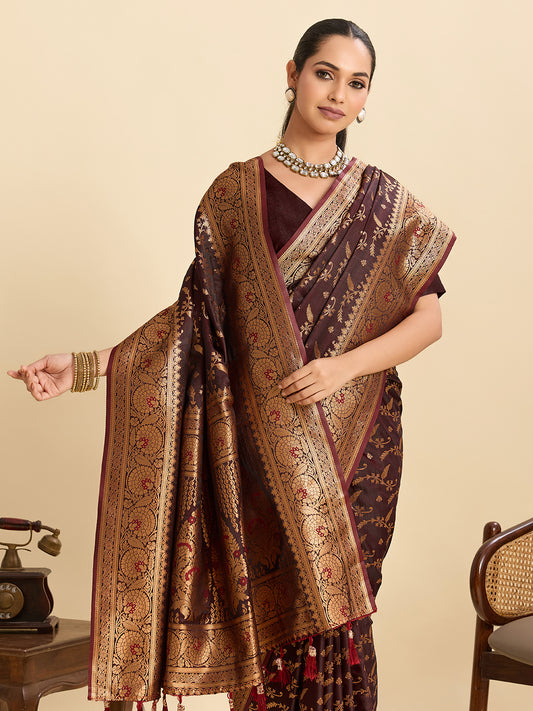 Elegant Wine Brown Saree with Rich Traditional Golden Border