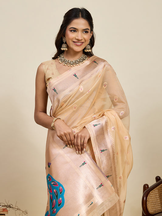 Elegant Peach Designer Saree With Peacock Print And Border