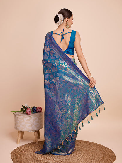 Blue Floral Woven Designer Saree With Traditional Border