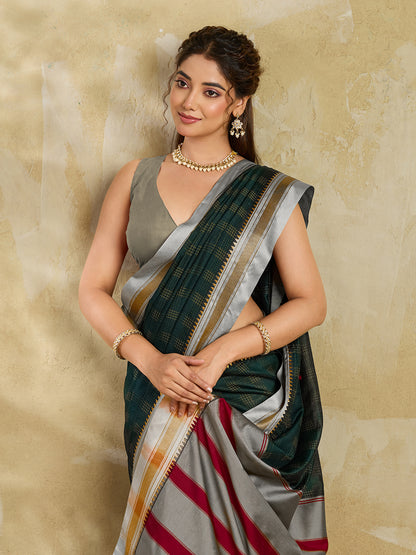 Dark Green Checked Designer Saree With Elegant Contrast Border