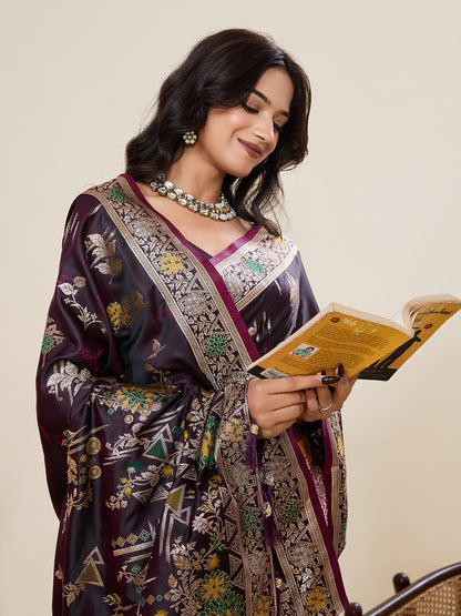 Elegant Purple Floral Printed Saree With Designer Border