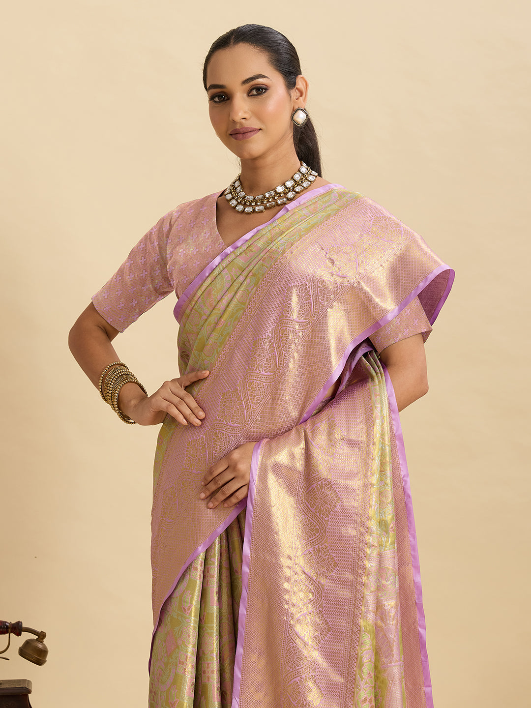 Pastel Green Pink Woven Designer Saree With Elegant Border